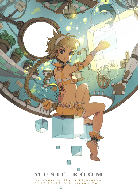 1girl, ankle_cuffs, arm_up, armband, back, bandages, barefoot, blonde_hair, blue_eyes, braid, dolphin, headphones, lightbulb, long_hair, looking_at_viewer, looking_back, mechanical_arm, microphone, midriff, miniskirt, musical_note, original, plant, potted_plant, shirt, sitting, skirt, smile, solo, steering_wheel, turning, twin_braids, very_long_hair, white-bra, yumi_(yupopi)