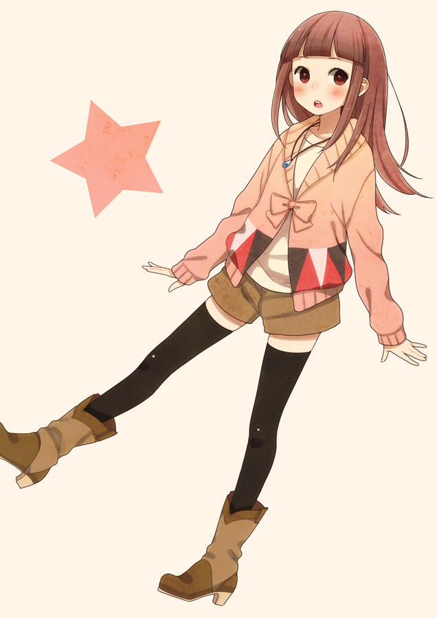 1girl, bangs, black_legwear, blunt_bangs, blush, boots, brown_eyes, brown_hair, ebisugawa_kaisei, jewelry, long_hair, mizutamako, parted_lips, pendant, shorts, solo, standing_on_one_leg, star, sweater, thigh-highs, uchouten_kazoku
