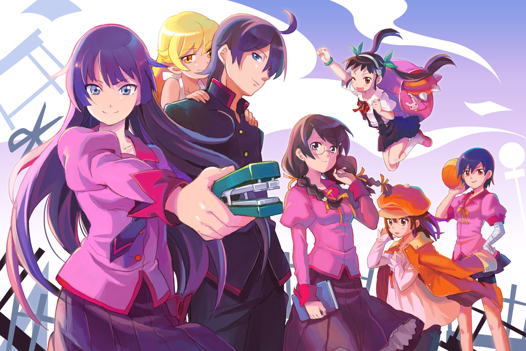 1boy, 6+girls, araragi_koyomi, backpack, bag, bakemonogatari, basketball, hachikuji_mayoi