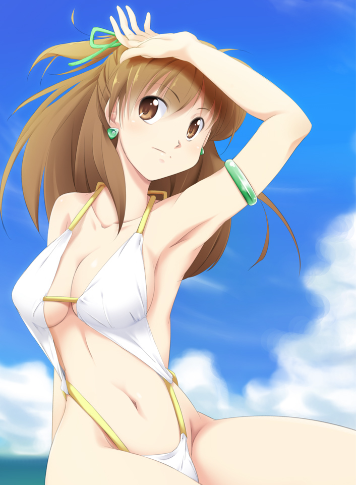 1girl, akitaka_(ta-aki), anice_farm, arm_up, brown_eyes, brown_hair, casual_one-piece_swimsuit, chouon_senshi_borgman