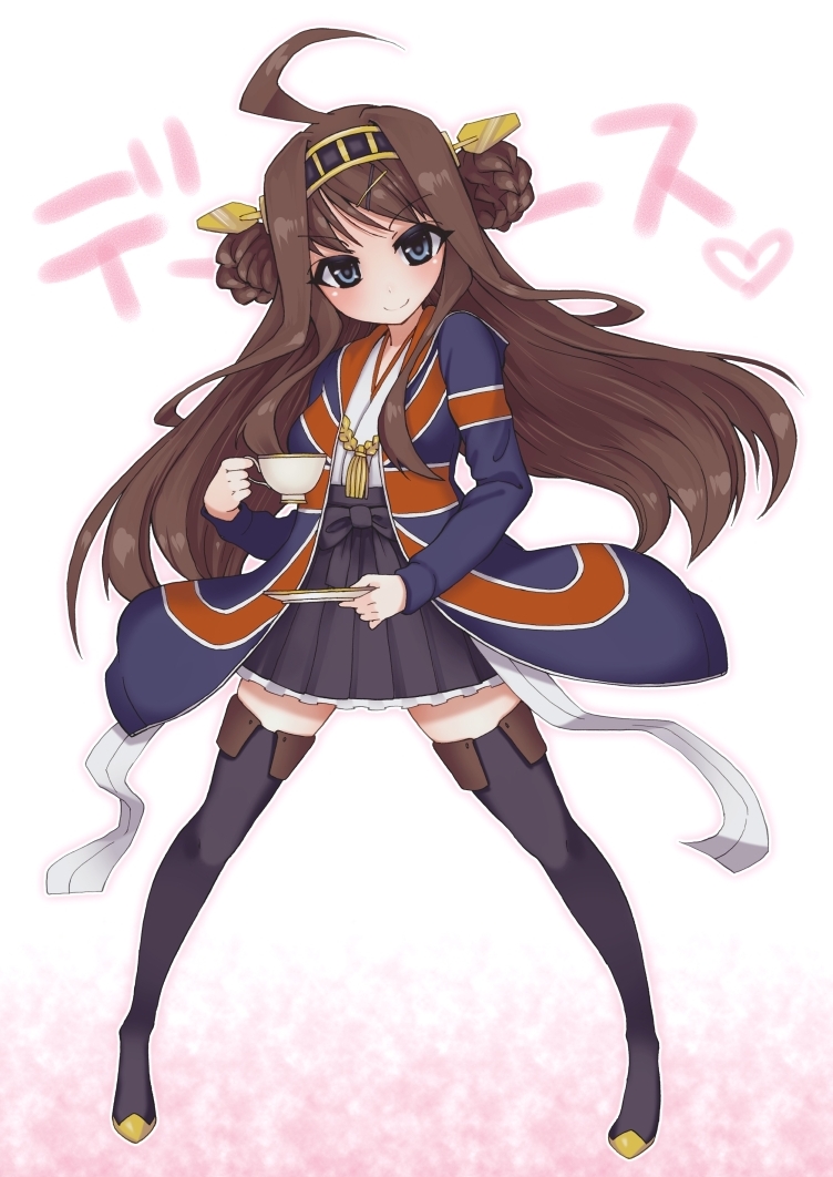 1girl, ahoge, blush, boots, brown_hair, cup, hairband, headgear