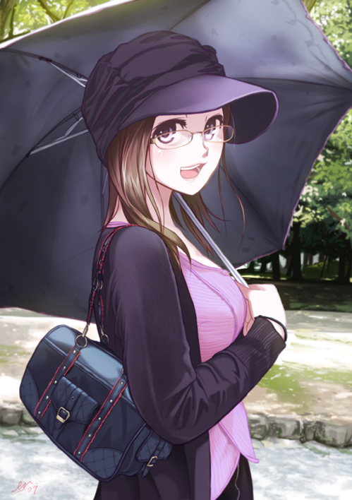 blue_eyes, blush, bracelet, brown_hair, eri_(artist), glasses, hat, jewelry