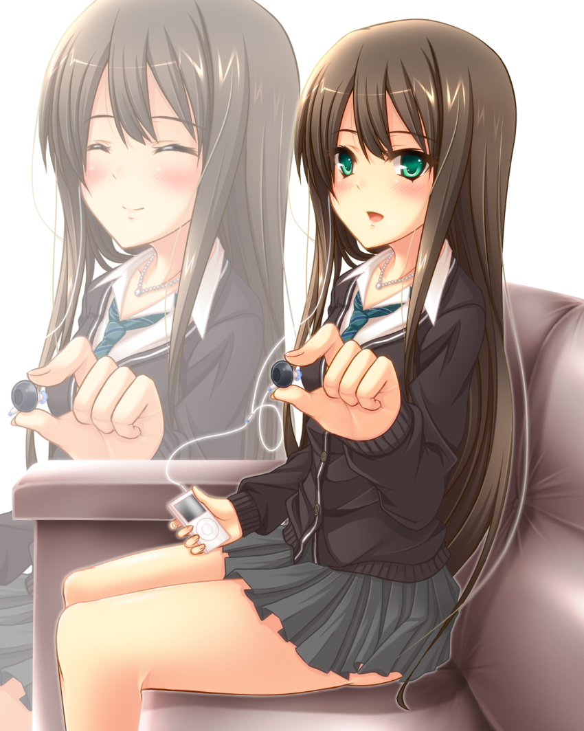1girl, blush, brown_hair, cardigan, digital_media_player, earphones, female, green_eyes, highres, idolmaster, idolmaster_cinderella_girls, jewelry, kuroinu_(blackdog), long_hair, looking_at_viewer, necklace, necktie, open_mouth, school_uniform, shibuya_rin, skirt, smile, solo, zoom_layer