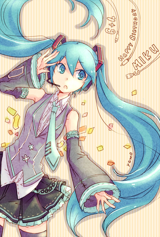 1girl, aqua_eyes, aqua_hair, detached_sleeves, happy_birthday, hatsune_miku, headset, long_hair