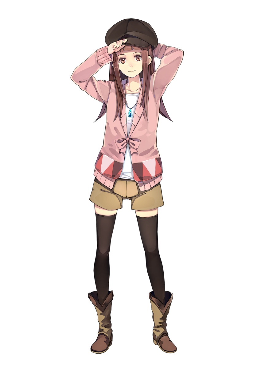 1girl, adjusting_clothes, adjusting_hat, black_legwear, blush, boots, brown_eyes, brown_hair