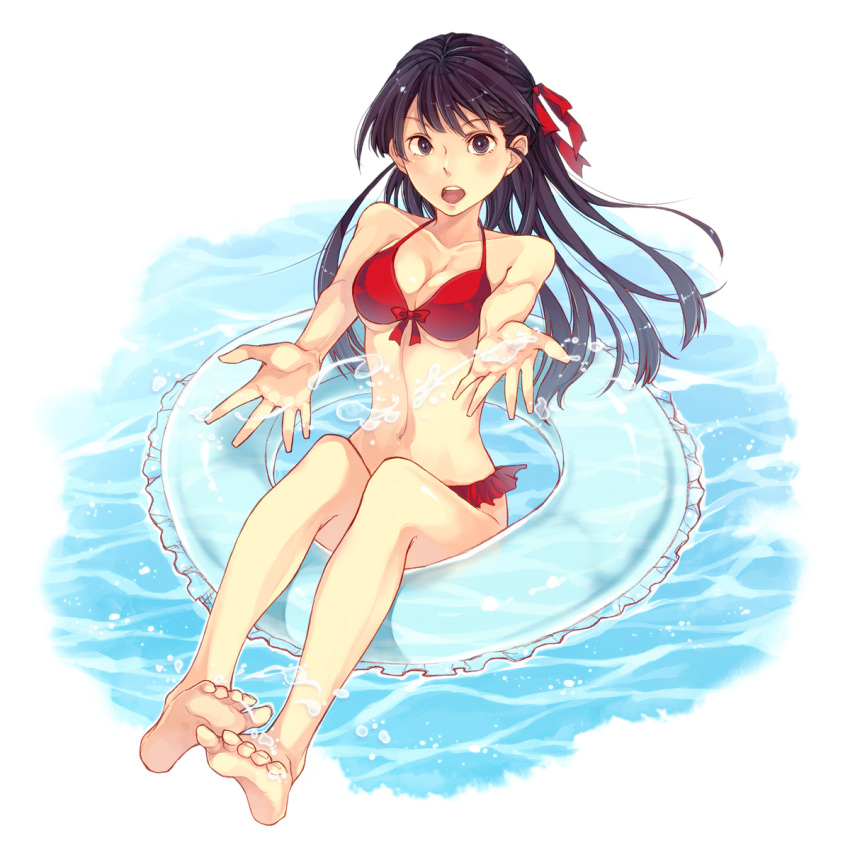 1girl, barefoot, bikini, black_eyes, black_hair, breasts, cleavage, feet