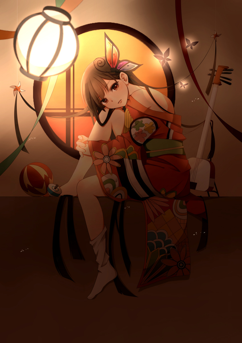 1girl, absurdres, ball, bare_shoulders, black_hair, brown_eyes, butterfly, hair_ornament