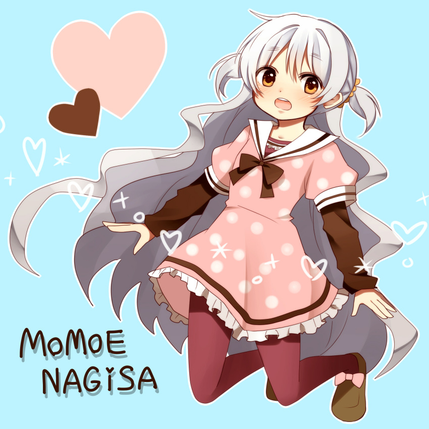 1girl, blue_background, character_name, dress, heart, highres, long_hair, long_sleeves