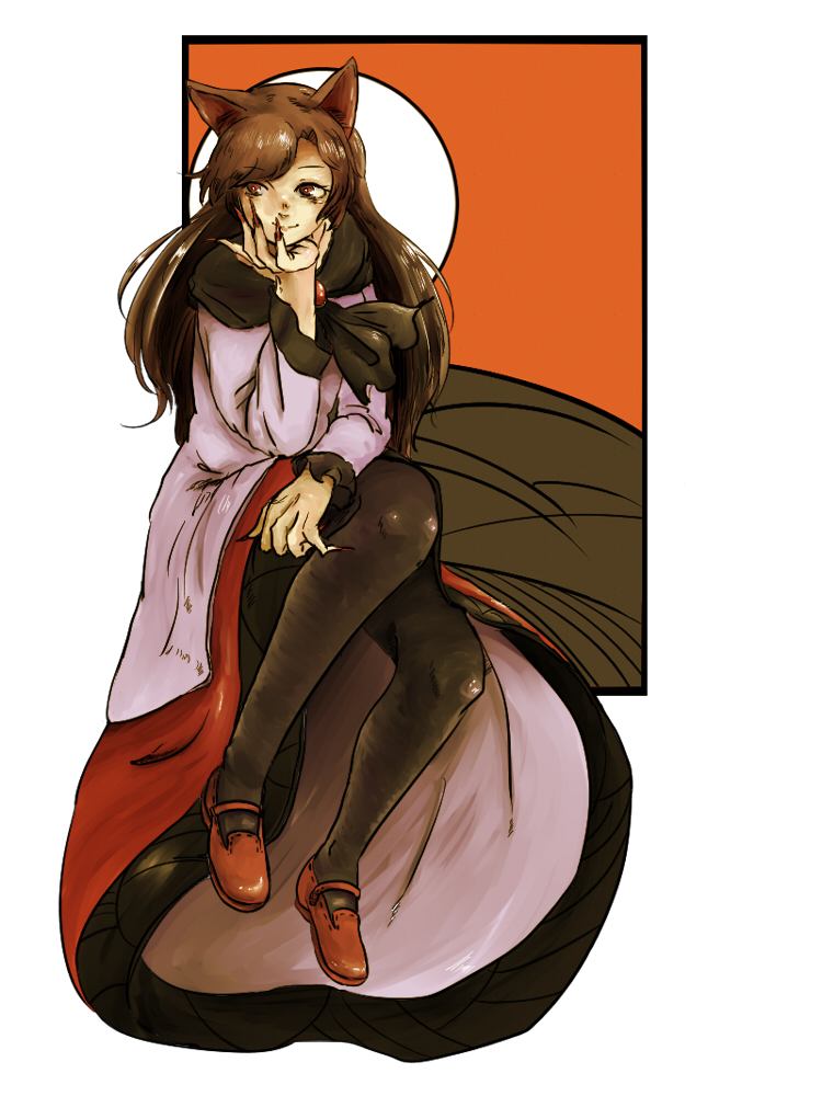 1girl, animal_ears, black_legwear, brown_hair, chin_rest, dress, fingernails, imaizumi_kagerou, long_hair, mary_janes, nail_polish, natsu_no_ocha, pantyhose, red_eyes, sharp_fingernails, shoes, smile, solo, tail, touhou, wolf_ears, wolf_tail