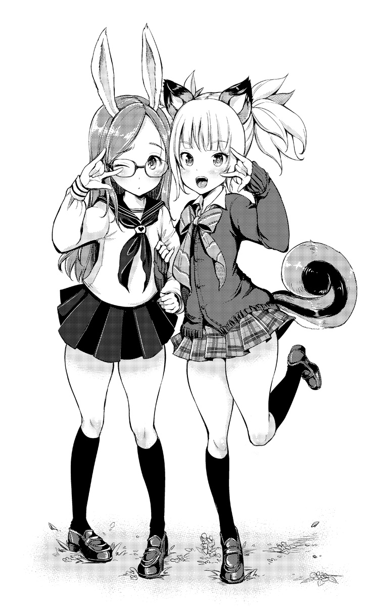 2girls, \m/, animal_ears, blush, elin_(tera), glasses, highres, kneehighs