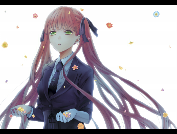 1girl, arcana_famiglia, felicita, flower, formal, green_eyes, hair_ribbon, letterboxed