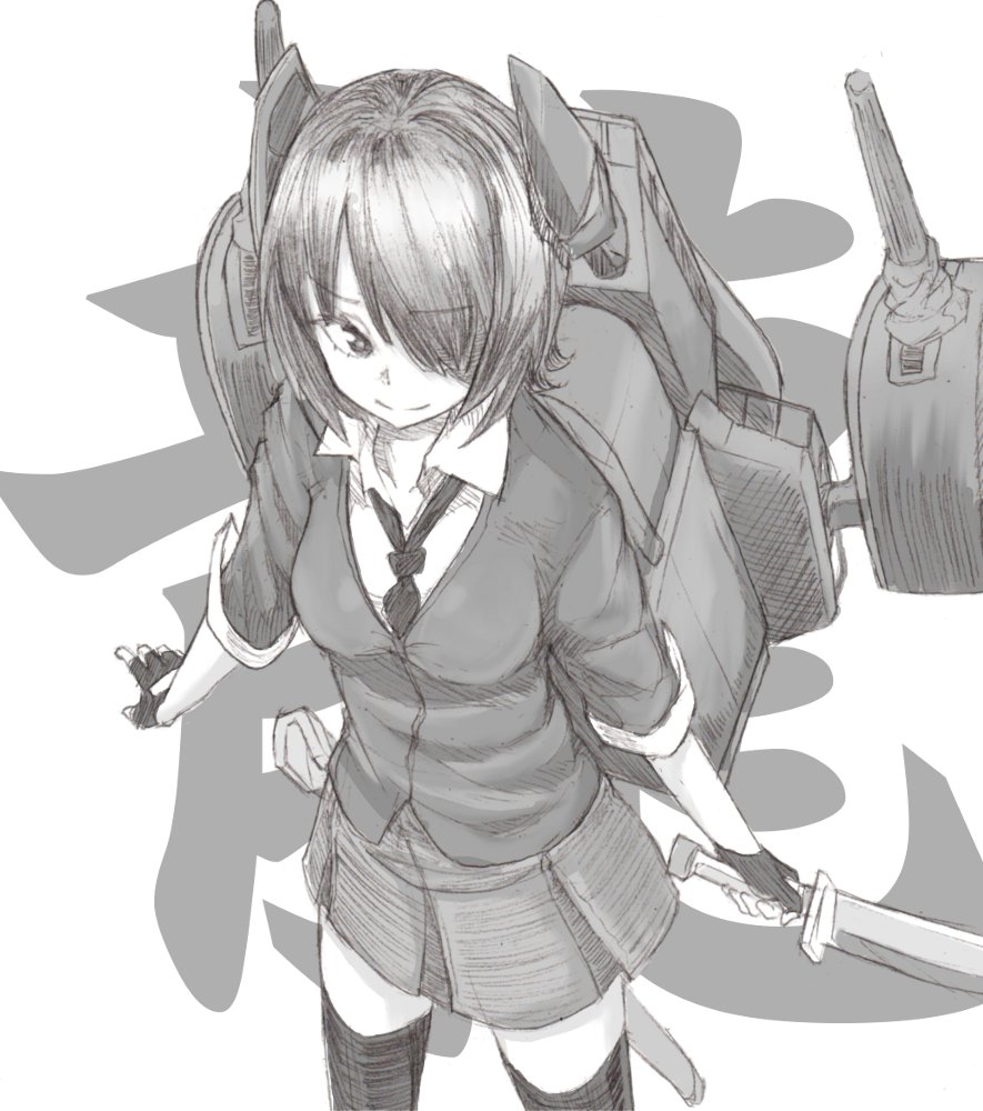 1girl, cardigan, fingerless_gloves, gloves, hair_over_one_eye, headgear, kantai_collection, kosdsp