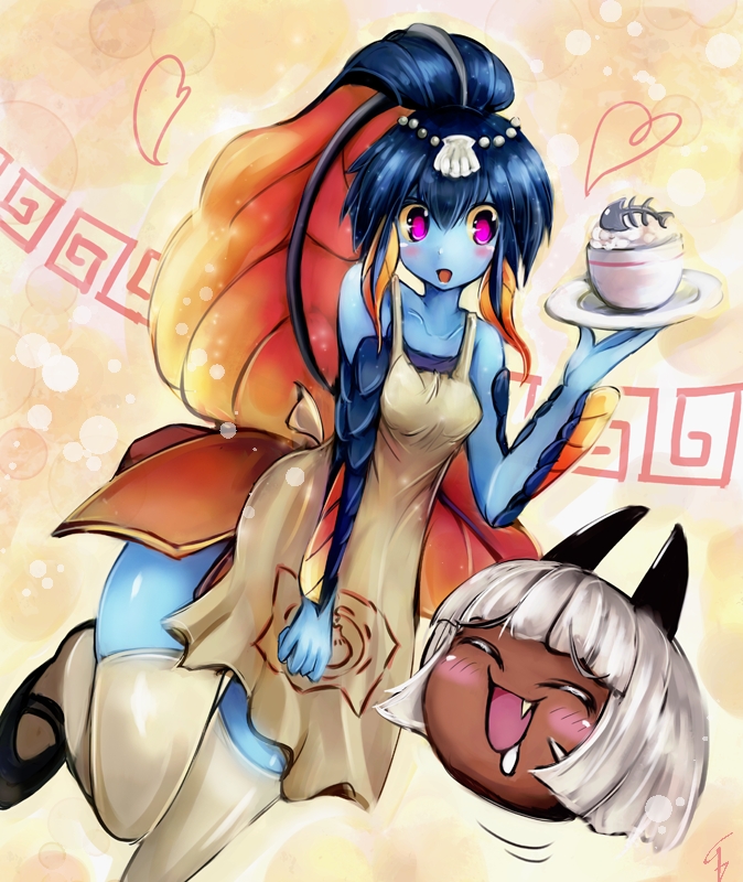 2girls, animal_ears, apron, bangs, bare_shoulders, blue_skin, blush, bowl, cat_ears, collarbone, dark_skin, fang, fins, fish, fish_girl, food, hair_ornament, mary_janes, minette_(skullgirls), monster_girl, multiple_girls, nadia_fortune, pink_eyes, plate, saliva, scales, severed_head, shell, shoes, short_hair, skullgirls, sutiko, thigh-highs, waitress, white_hair, yellow_sclera, yukkuri_shiteitte_ne