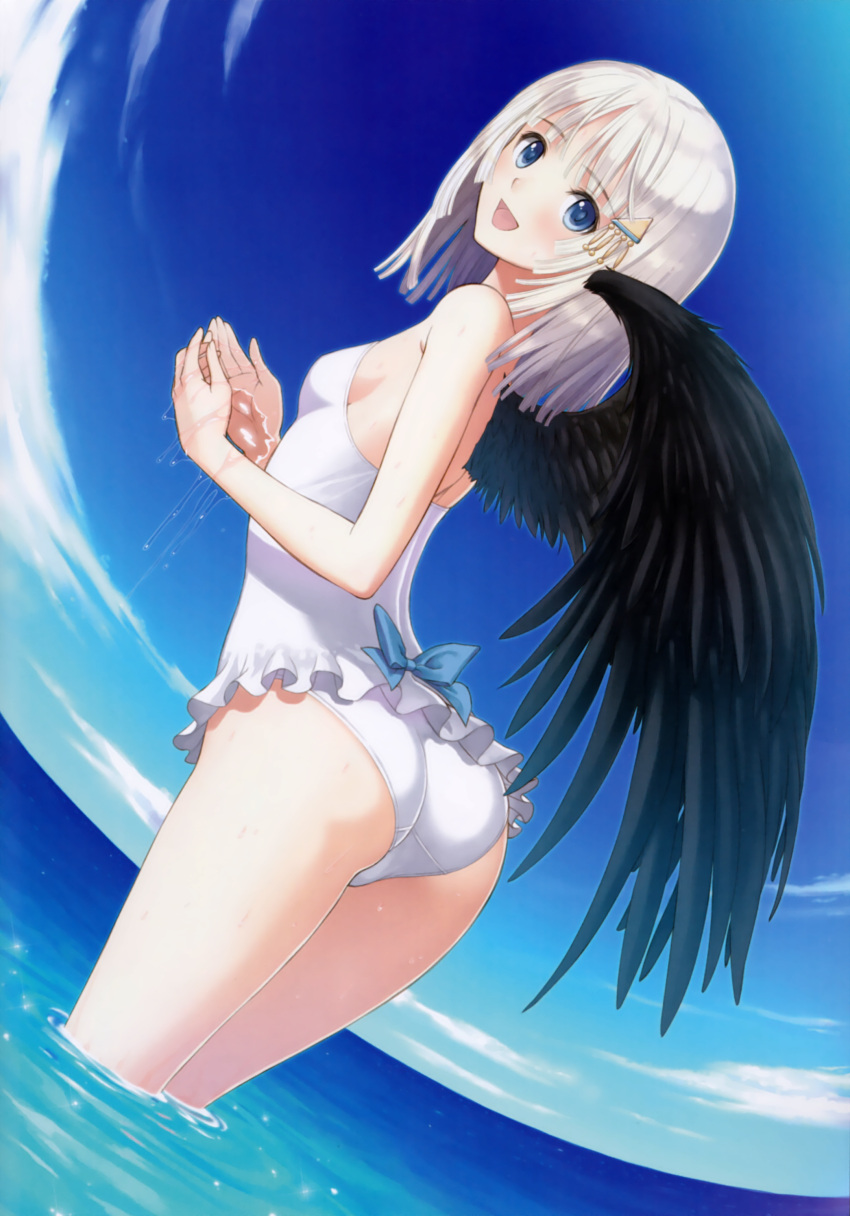 1girl, :d, absurdres, ass, bare_shoulders, black_wings, blue_eyes, blue_sky
