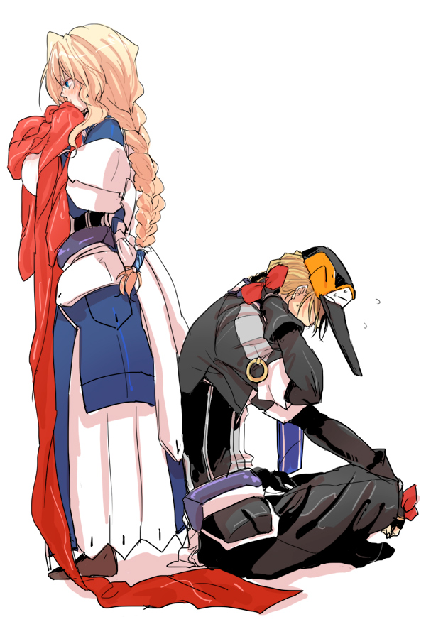 1boy, 1girl, back-to-back, blonde_hair, blue_eyes, blush, bow, braid