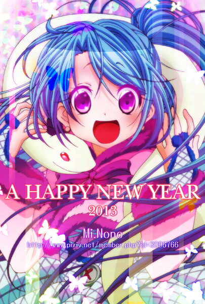 1girl, 2013, :d, albino, artist_name, avatar_base, blow, blue_hair