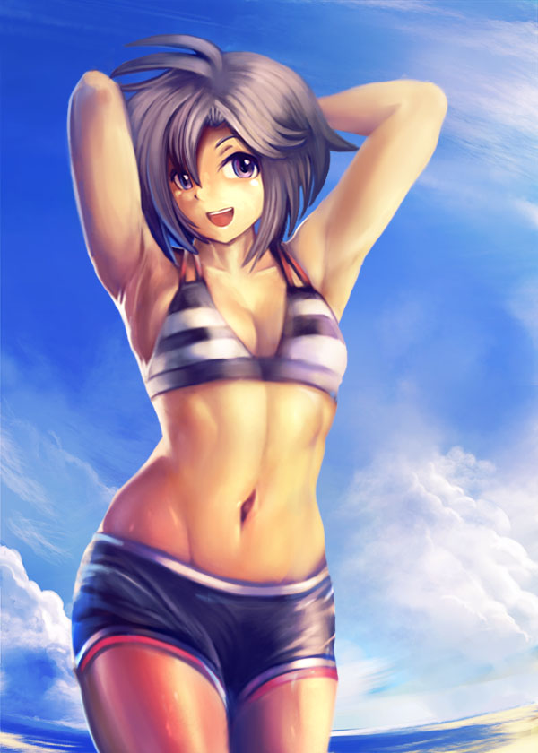 1girl, antenna_hair, armpits, arms_behind_head, bikini_top, black_hair, blue_sky, flat_chest