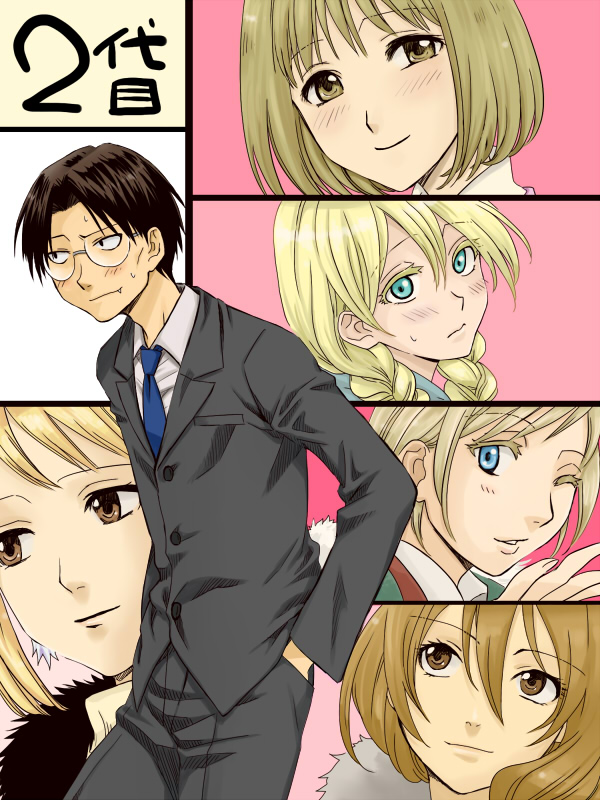 2boys, 4girls, angela_burton, black_eyes, blonde_hair, blue_eyes, blush, brown_eyes, brown_hair, coat, embarrassed, fang, formal, fur, genshiken, glasses, green_eyes, hato_kenjirou, kasukabe_saki, kghsgfssjs, looking_at_viewer, madarame_harunobu, multiple_boys, multiple_girls, necktie, otaku, otary_man, sasahara_keiko, suit, susanna_hopkins, sweat, sweatdrop, trap, twintails, wink