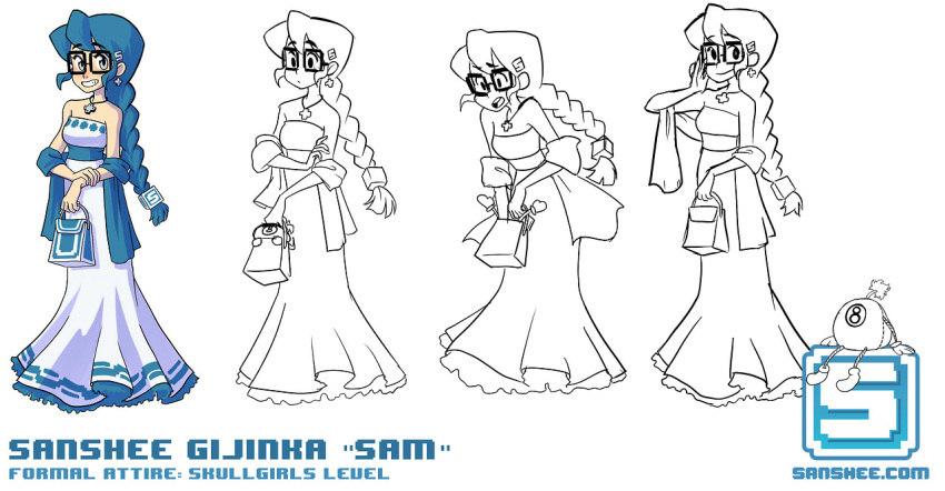 1girl, adjusting_glasses, ashley_swaby, bare_shoulders, blush, braid, character_name, dress, earrings, george_the_bomb, glasses, hair_ornament, jewelry, lineart, logo, long_hair, looking_at_viewer, looking_down, necklace, open_mouth, parted_lips, plush, sam_(sanshee), sanshee, simple_background, sitting, skullgirls, smile, tagme, watermark, web_address, white_background