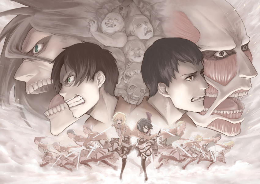 annie_leonhardt, armin_arlert, bertholt_fubar, christa_renz, colossal_titan, conny_springer, dual_persona, eren_jaeger, highres, jean_kirchstein, marco_bodt, mikasa_ackerman, reiner_braun, rogue_titan, sasha_browse, shingeki_no_kyojin, smoke, spoilers, sword, three-dimensional_maneuver_gear, titan_(shingeki_no_kyojin), weapon, ymir_(shingeki_no_kyojin), yukino_hai