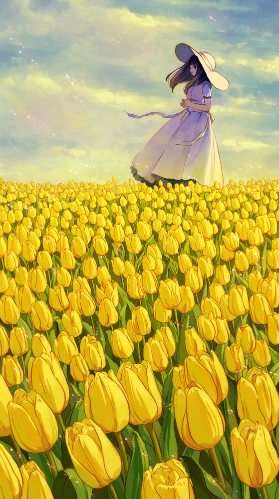 1girl, akiyamabc, brown_hair, clouds, dress, field, flower, flower_field