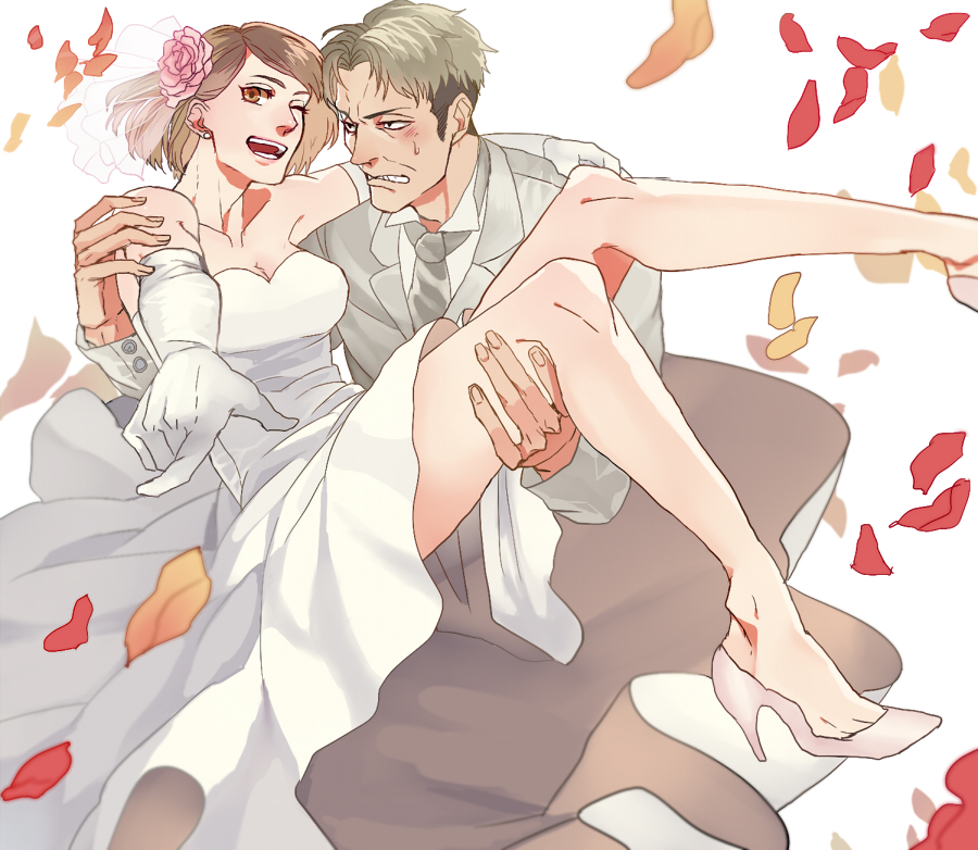 1boy, 1girl, auruo_bossard, blush, brown_hair, carrying, couple, dress, elbow_gloves, gloves, gon_(er4gu3), hetero, petals, petra_ral, pointing, princess_carry, shingeki_no_kyojin, short_hair, wedding_dress, wink