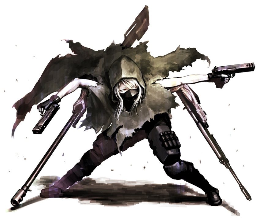 1girl, blonde_hair, boots, extra_arms, gun, hellshock, knee_pads, long_hair