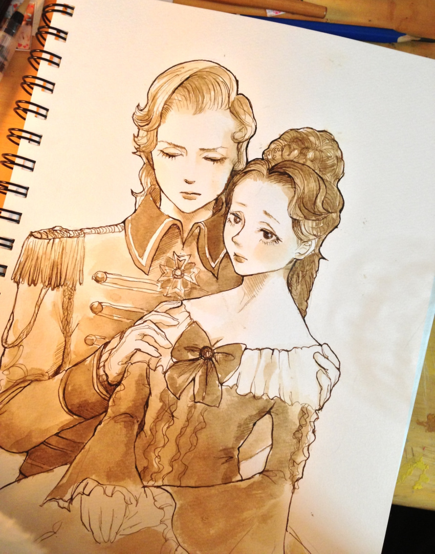 2girls, alternate_hairstyle, bow, closed_eyes, gloves, hair_up, hands_on_another's_shoulders, hands_together