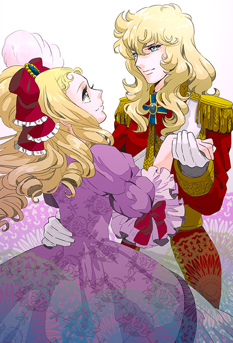 2girls, blonde_hair, dancing, dress, drill_hair, epaulettes, gloves, gown, hair_ribbon, hair_up, hand_on_another's_hip, holding_hands, long_hair, looking_at_another, marie_antoinette_(versailles_no_bara), multiple_girls, mumilove, oscar_francois_de_jarjayes, purple_dress, ribbon, uniform, versailles_no_bara, white_gloves