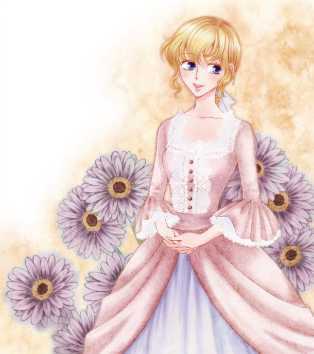1girl, blonde_hair, blue_eyes, dress, floral_background, flower, gown, hands_clasped