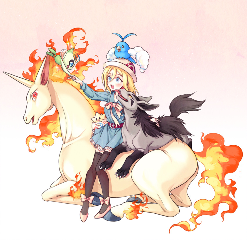 2girls, alternate_costume, animalization, bird, blonde_hair, blue_eyes, bow, celebi, commentary_request, crossover, feathers, fiery_hair, fire, fluffy, freckles, fusion, hat, horns, horse, krista_lenz, licking, mightyena, multiple_girls, on_head, pokemon, pokemon_(creature), pokemon_on_head, rapidash, ribbon, shingeki_no_kyojin, single_horn, sitting, sparkle, swablu, tanpi, thighhighs, togepi, ymir_(shingeki_no_kyojin)