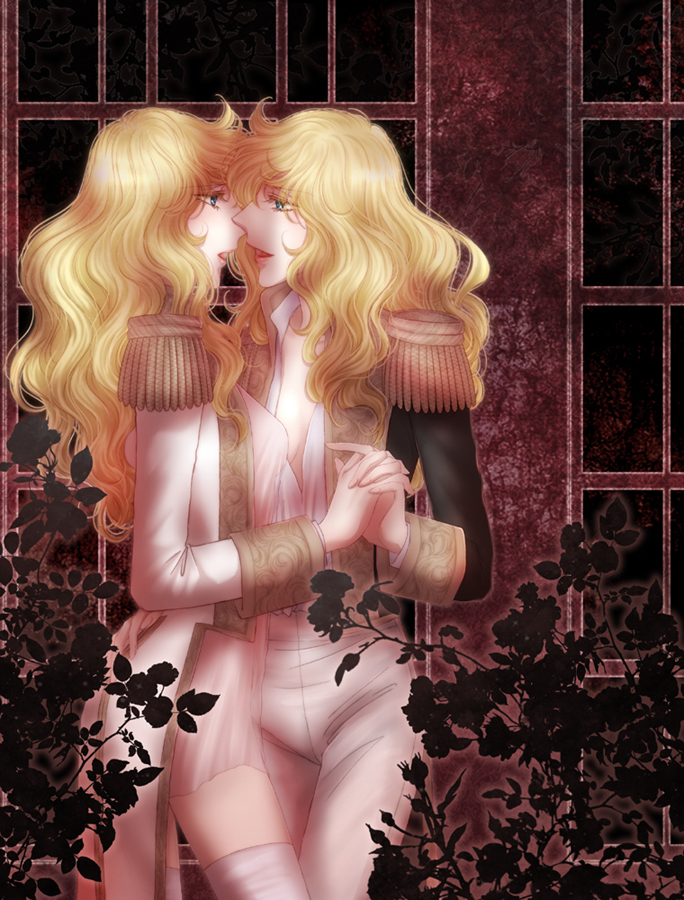 1girl, 2girls, blonde_hair, epaulettes, flower, holding_hands, incipient_kiss, interlocked_fingers, j2_(joki455), looking_at_another, multiple_girls, open_clothes, oscar_francois_de_jarjayes, pants, rose, selfcest, side, silhouette, thighhighs, versailles_no_bara, white_legwear, yuri, zettai_ryouiki