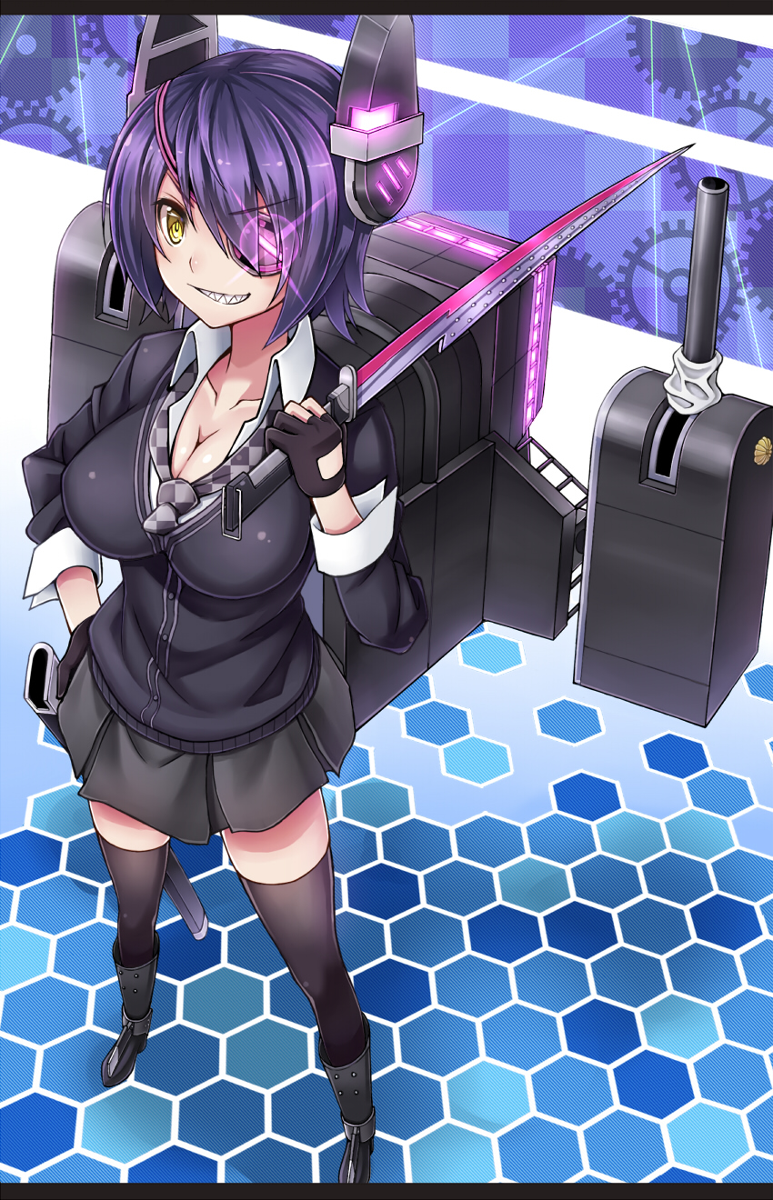 1girl, boots, breasts, cannon, cleavage, eyepatch, fingerless_gloves, gloves
