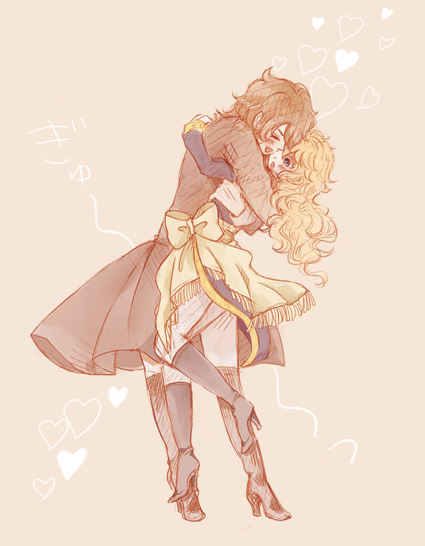 1boy, 1girl, andre_grandier, black_hair, blonde_hair, hug, oscar_francois_de_jarjayes, rinako_(rococo)