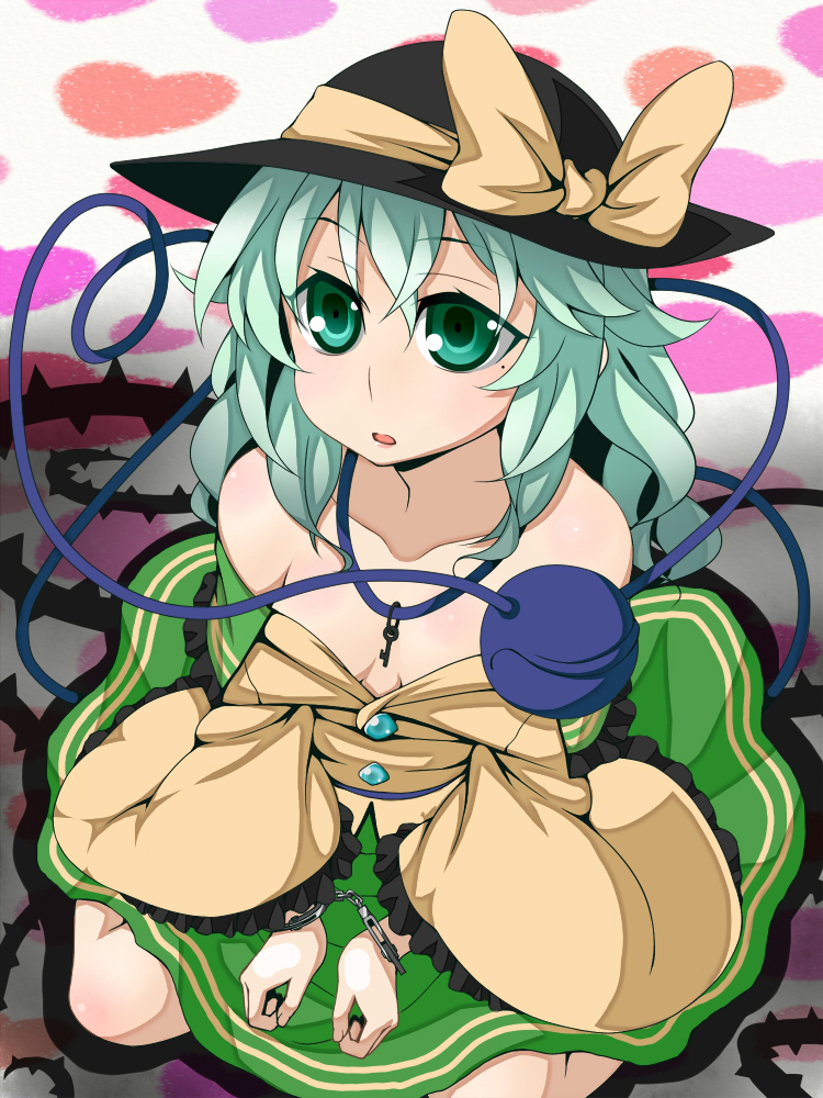 1girl, body_blush, collarbone, cuffs, frills, handcuffs, hat, heart
