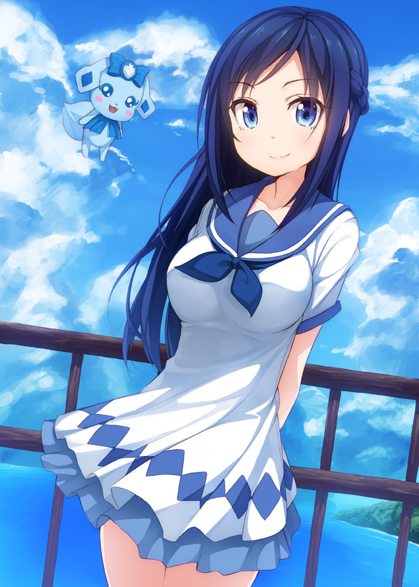 1girl, arms_behind_back, blue, blue_eyes, blue_hair, blue_sky, blush, braid, clouds, dokidoki!_precure, dress, dutch_angle, guard_rail, hishikawa_rikka, long_hair, looking_at_viewer, ocean, precure, rakeru_(dokidoki!_precure), sailor_collar, siva_(executor), sky, smile, solo, water
