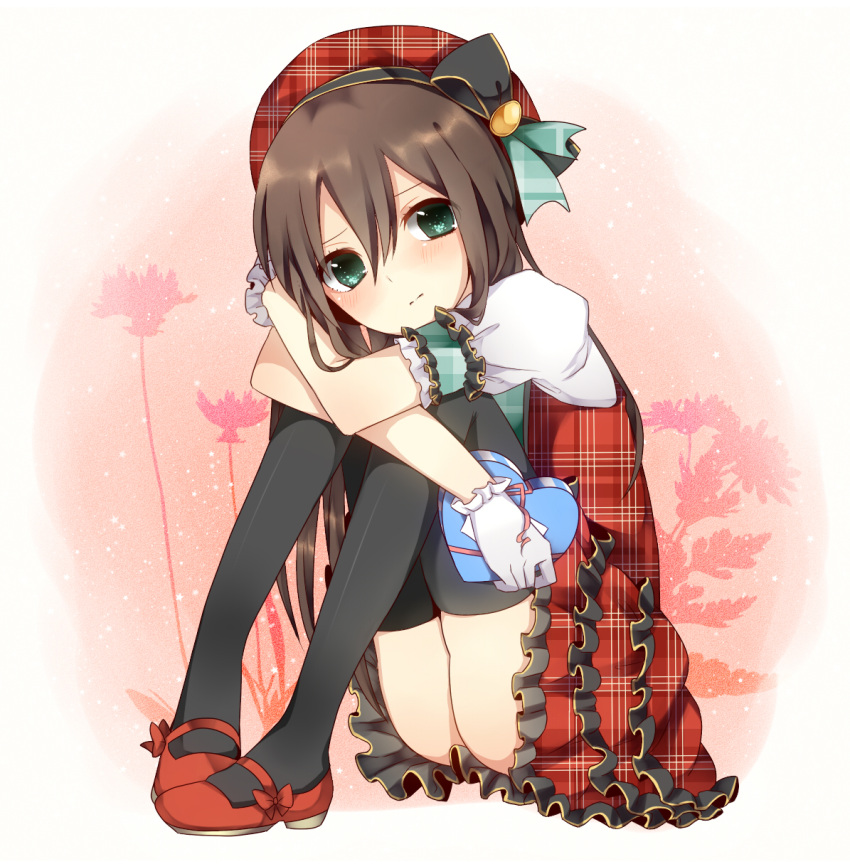 1girl, brown_hair, flower, gift, gloves, green_eyes, hat, hat_ribbon