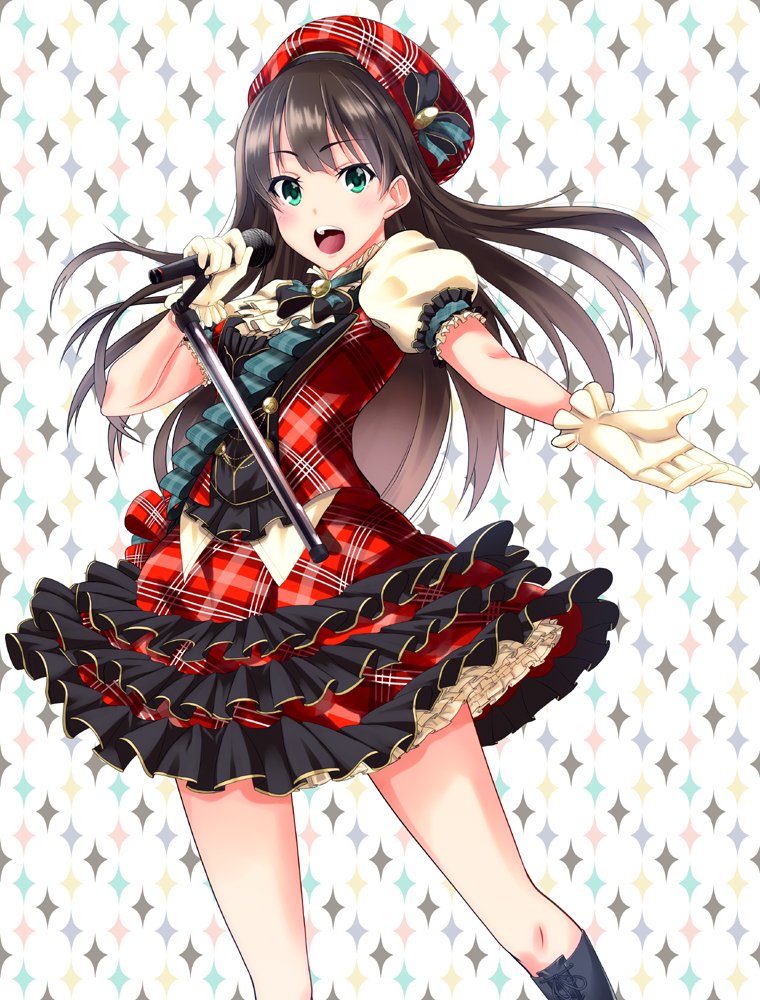 1girl, beniimo_danshaku, brown_hair, dress, frilled_dress, frills, gloves, green_eyes