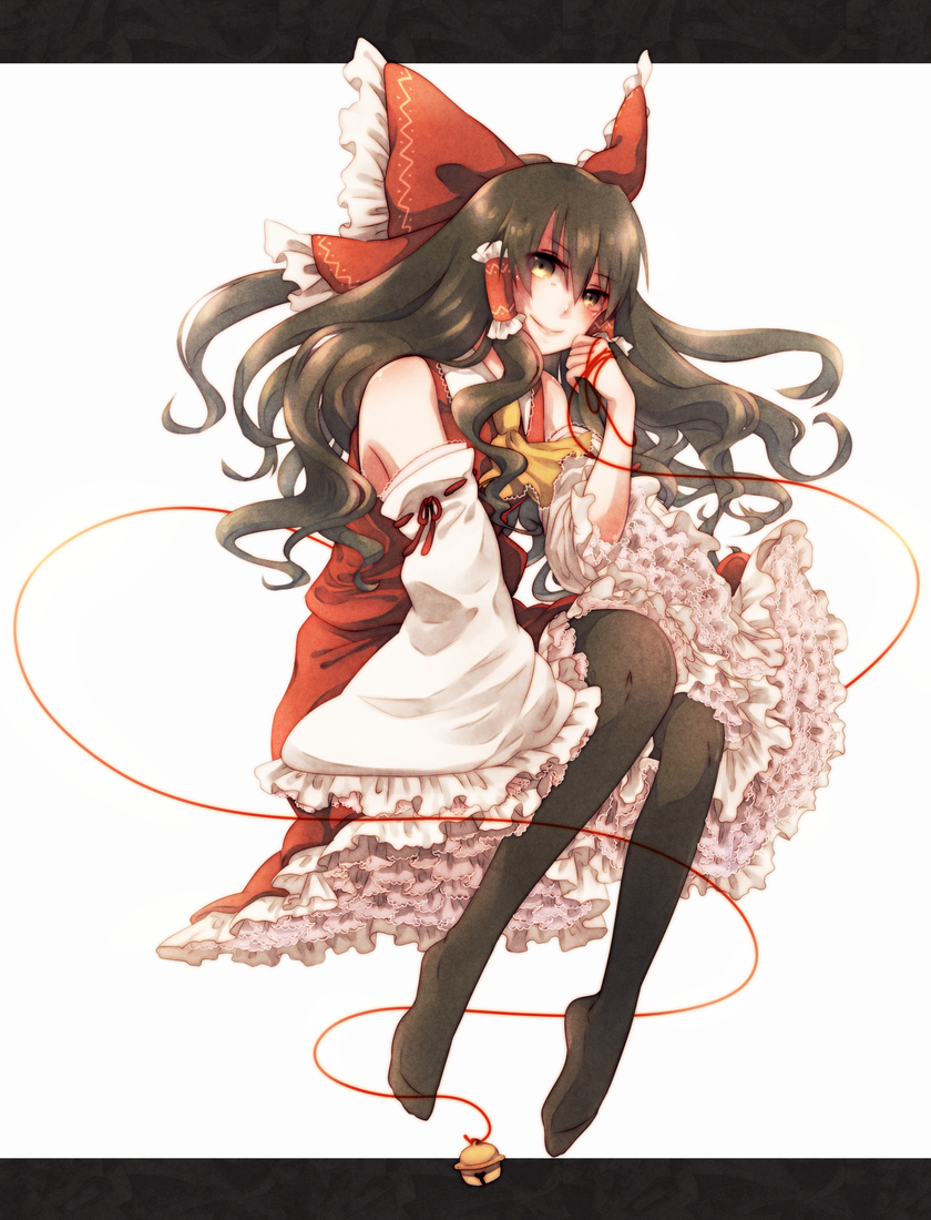 1girl, bare_shoulders, black_legwear, brown_hair, detached_sleeves, hair_tubes, hakurei_reimu, long_hair