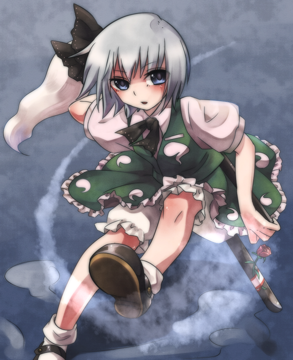 1girl, blue_eyes, katana, konpaku_youmu, konpaku_youmu_(ghost), sheath, short_hair, silver_hair