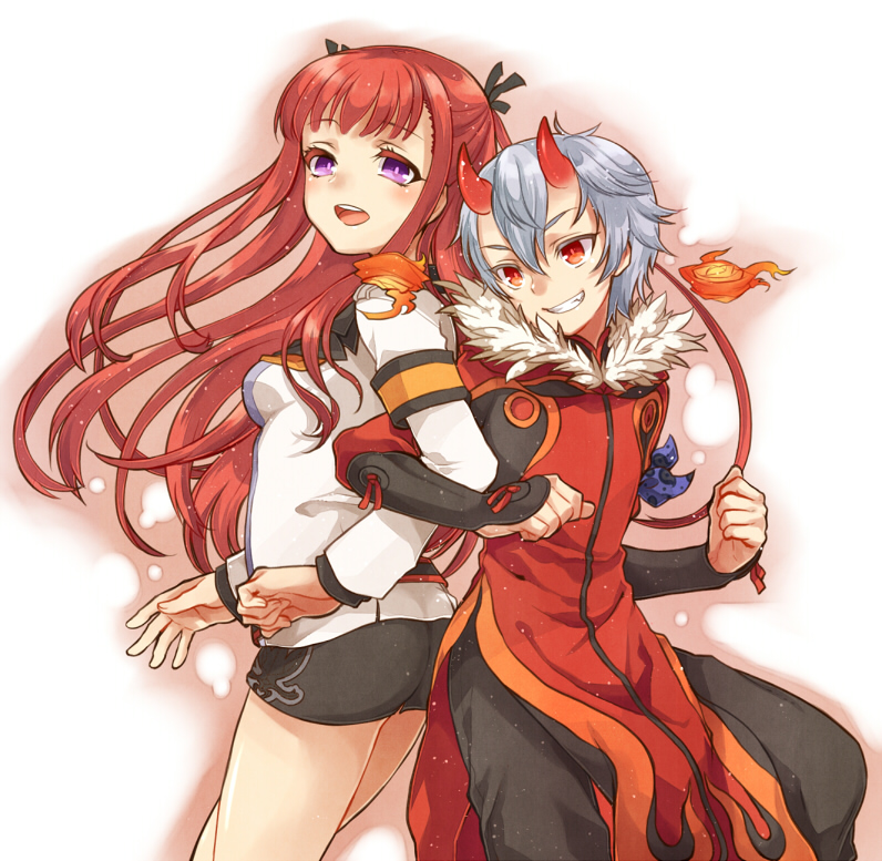 1boy, 1girl, :d, arca_(summon_night), arm_guards, armband, back-to-back, belt