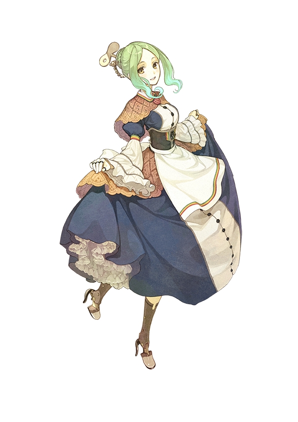 1girl, android, apron, atelier_(series), atelier_escha_&amp;_logy, braid, corset, french_braid, frills, green_hair, hidari_(left_side), juliet_sleeves, kurone_(atelier), long_sleeves, official_art, puffy_sleeves, shawl, short_hair, skirt, skirt_lift, smile, solo, white_background, winding_key, yellow_eyes