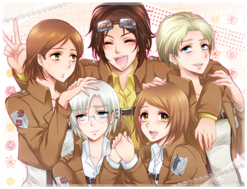 anka_rheinberger, black_hair, blonde_hair, blue_eyes, brown_hair, glasses, goggles, hange_zoe