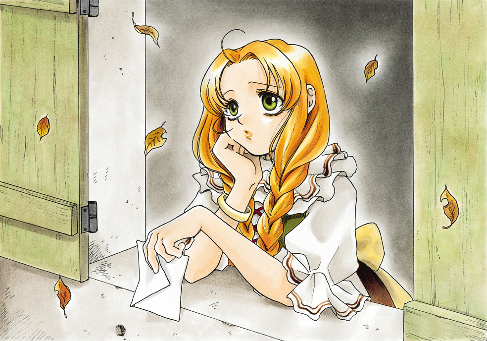 1girl, atelier_(series), atelier_marie_alchemist_of_salburg, blonde_hair, bracelet, braid, chin_rest, dress