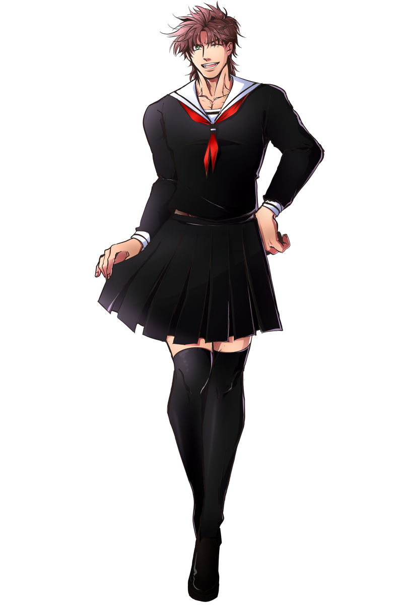 1boy, brown_hair, crossdressinging, green_eyes, highres, jds0326, jojo_no_kimyou_na_bouken, joseph_joestar_(young), kneehighs, pleated_skirt, school_uniform, skirt, solo, wink