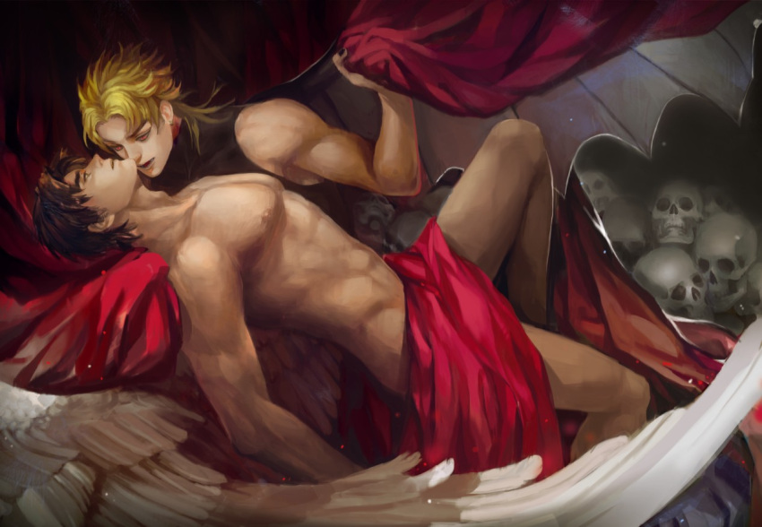2boys, angel_wings, black_hair, blonde_hair, demon_wings, dio_brando, jojo_no_kimyou_na_bouken, jonathan_joestar