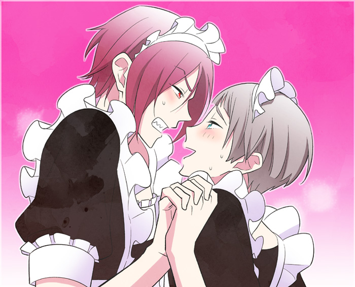2boys, alternate_costume, apron, blue_eyes, blush, crossdressinging, dress, enmaided, free!, grey_hair, holding_hands, maid, maid_headdress, male, matsuoka_rin, multiple_boys, nitori_aaichirou, open_mouth, red_eyes, redhead, sharp_teeth, short_hair, smile, yaoi