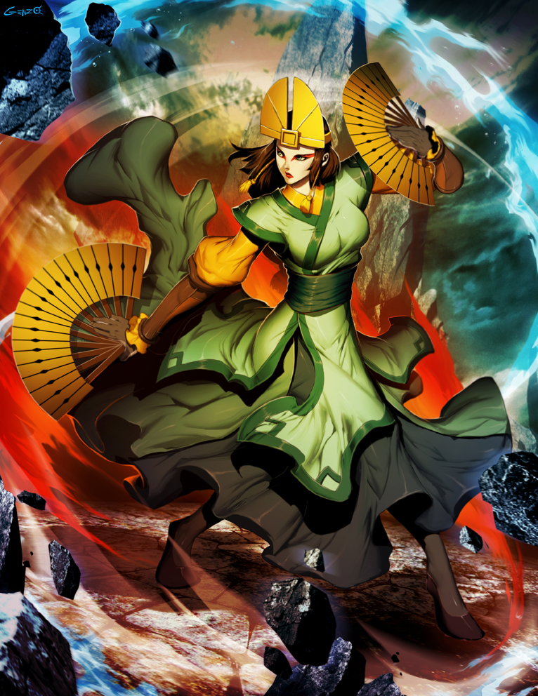 1girl, avatar:_the_last_airbender, blue_eyes, breasts, brown_hair, dual_wielding, element_bending, facepaint