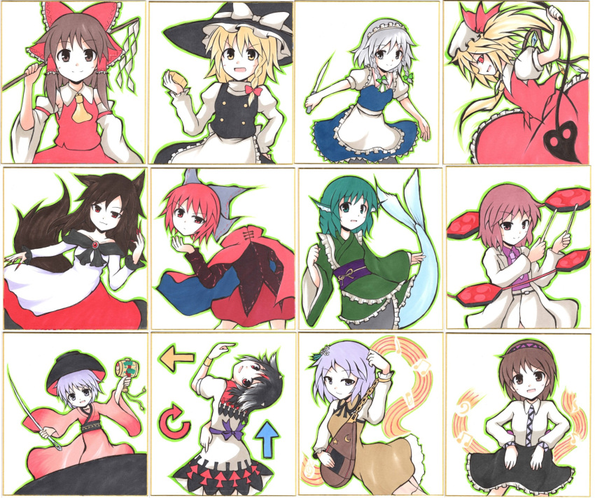 6+girls, animal_ears, aqua_eyes, aqua_hair, ascot, bare_shoulders, biwa_lute, blonde_hair