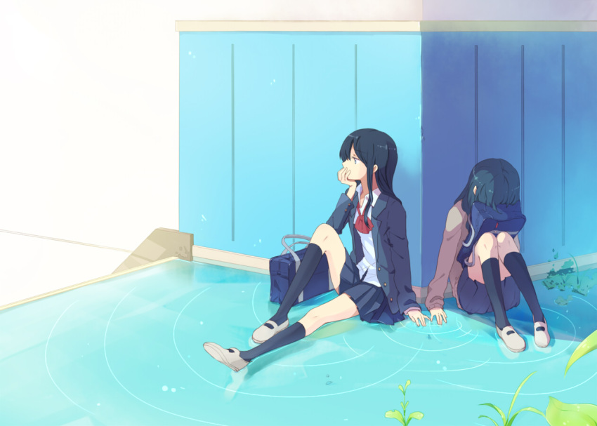 2girls, bag, blue_hair, chin_rest, head_down, long_hair, multiple_girls, original